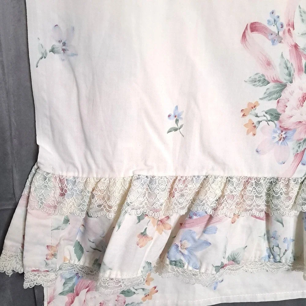 Springmaid Floral Flat‎ Sheet Twin White Pink Blue Lace Ruffle Vintage Percale